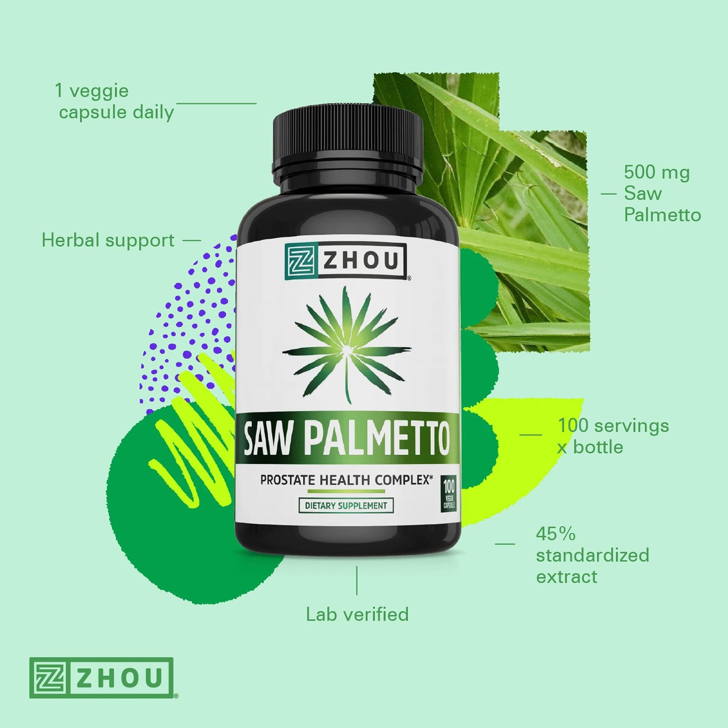 Zhou Saw Palmetto Supplement for Men - Premium Complex, Advanced Formula, Extra Strength 450mg Saw Palmetto Berry Per Capsule - 100 Vegetarian Capsules