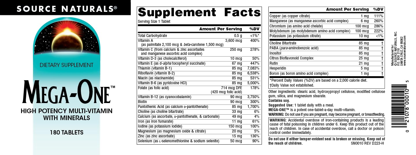 Pre-Order | Arrives in 5–10 Days – Source Naturals Mega-One Multi-Vitamin with Minerals* - 180 Tablets