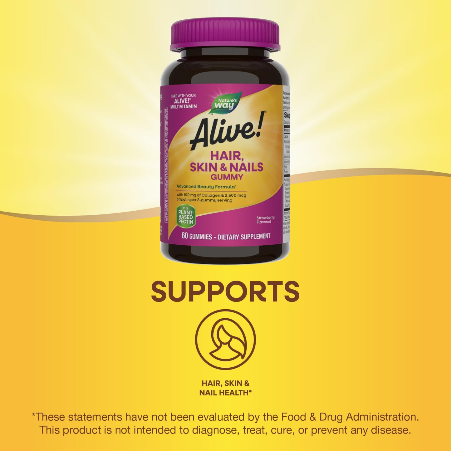Nature's Way Alive! Hair, Skin & Nails Gummies, Advanced Beauty Formula*, with Biotin and Collagen, Strawberry Flavored, 60 Gummies (Packaging May Vary)