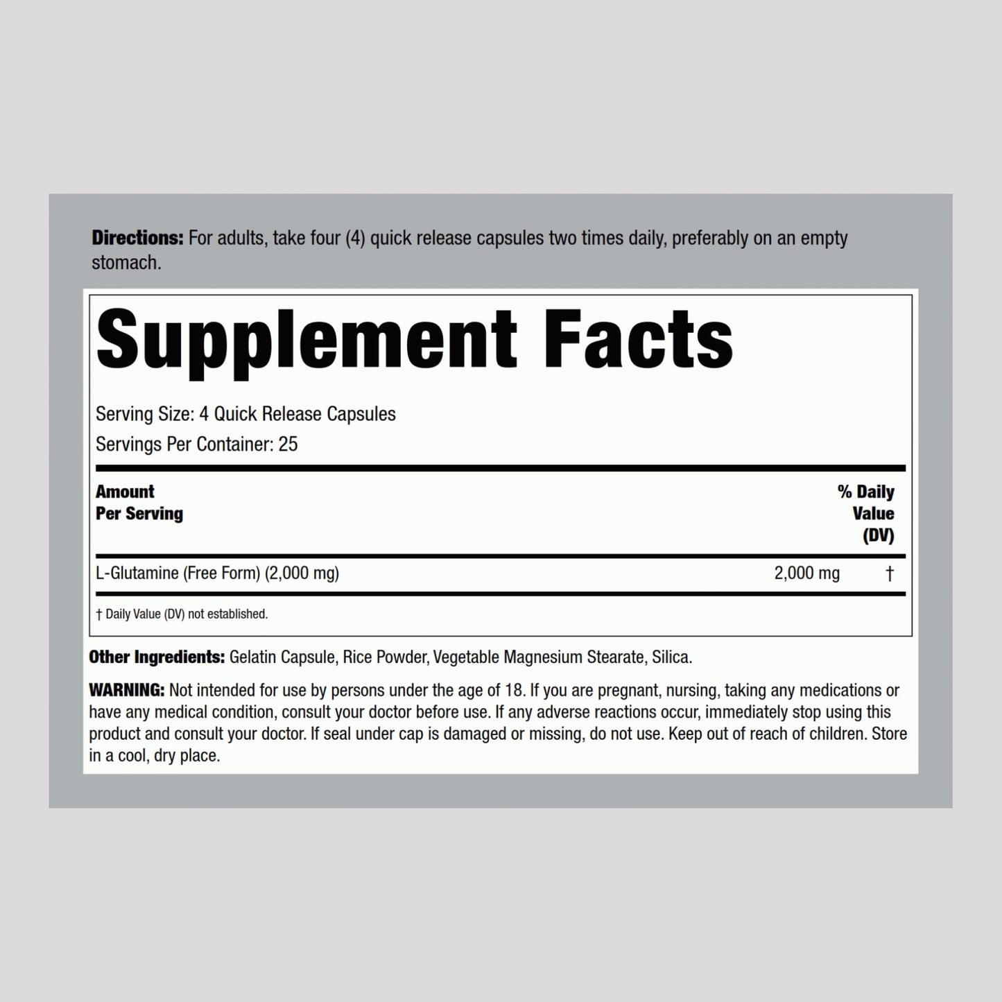 Lindberg L Glutamine Capsules for Women and Men | 500mg | 100 Pills | Free Form Supplement | Non-GMO, Gluten Free
