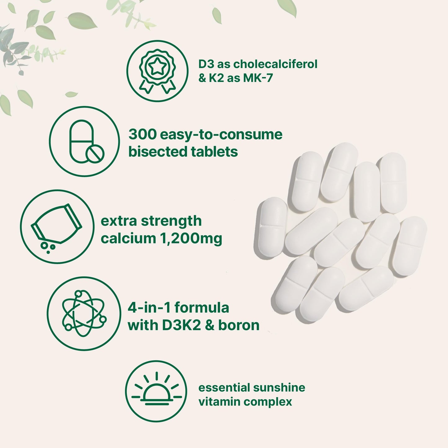 Micro Ingredients Calcium Supplements for Women and Men, 300 Tablets | Calcium 1,200 mg with Vitamin D3 & K2 (MK-7) & Boron + Mineral Complex | Supports Bone, Immune & Heart Health | Non-GMO