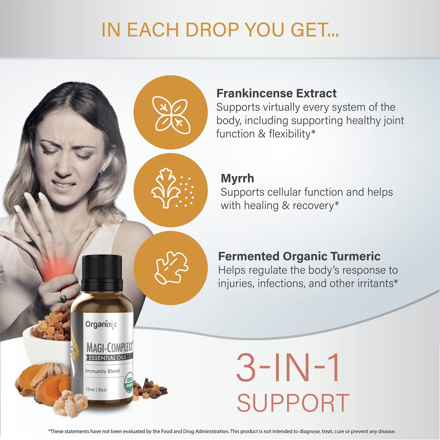 Organixx Magi Complexx Essential Oils Magi for Immune Support with Turmeric, Frankincense, Myrrh, Pure, Natural, Zero Additives, Use in Oil Diffuser, Bath Water, Lotions, Immunity Blend, Non GMO, 5 ml