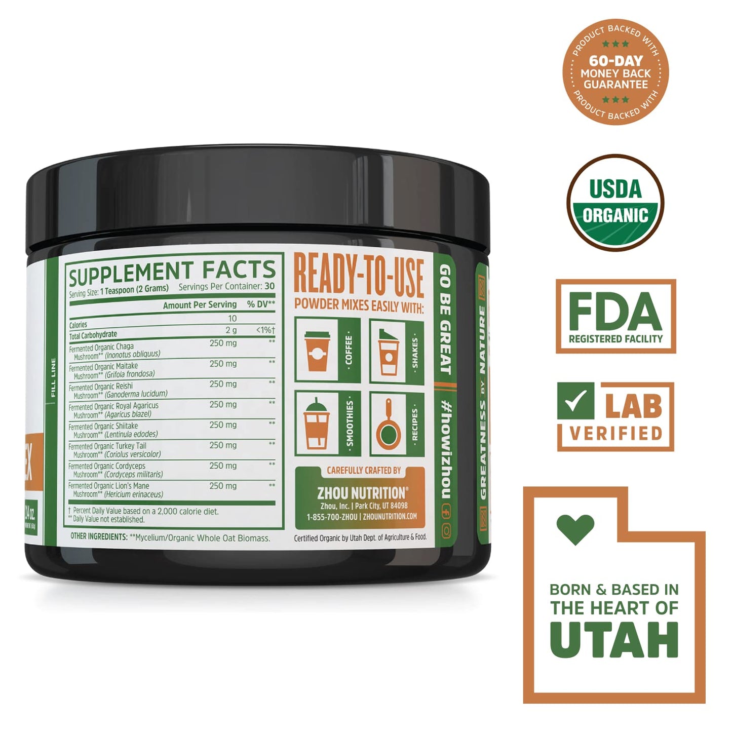 Zhou Nutrition 8-Plex Organic Mushroom Powder, Support Cognitive and Immune Health, Increase Energy, Endurance & Overall Wellness, Lions Mane, Reishi & Turkey Tail, 30 Servings - 2.14 Oz