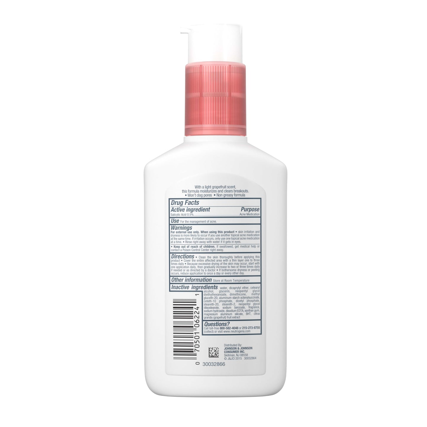 Neutrogena Oil Free Acne Moisturizer, .5% Salicylic Acid Acne Treatment, Pink Grapefruit Face Lotion for Breakouts, Non-Greasy & Non-Comedogenic, 4 fl. oz