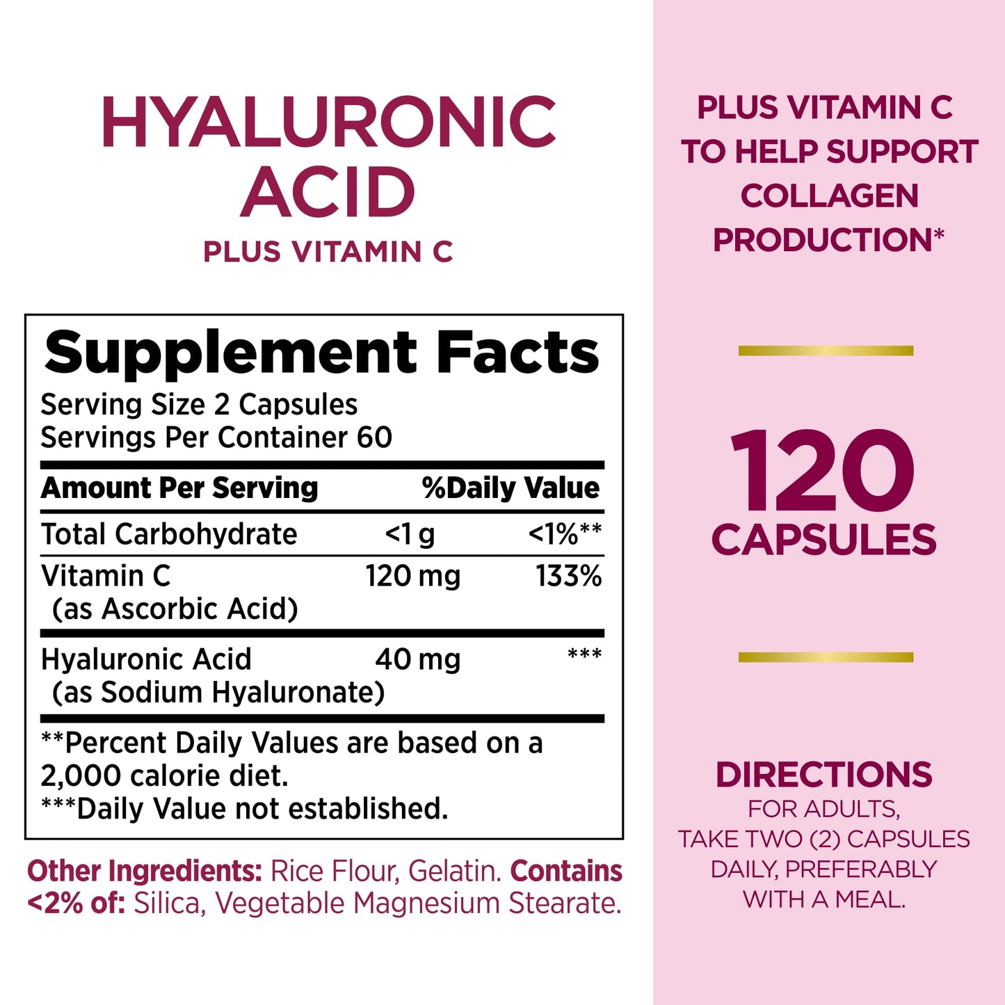 Nature's Bounty Vitamin C and Hyaluronic Acid Supplement, Supports Glowing Skin, Immune Function & Collagen Production, 120 Capsules - 60 Day Supply, Optimal Solutions Supplements for Skin Health