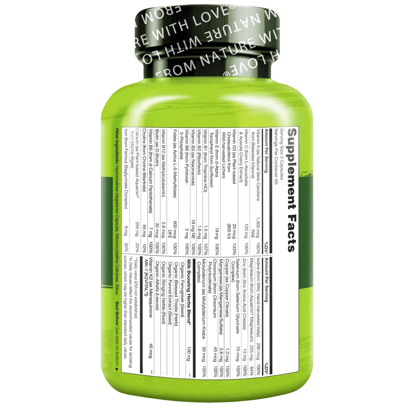 NATURELO Postnatal Multivitamin - Supplement for Breastfeeding Women - Plant-Based Vitamin D, Folate, Gentle Iron - for Nursing Mother, Baby - Post Natal Lactation Support 180 Capsules