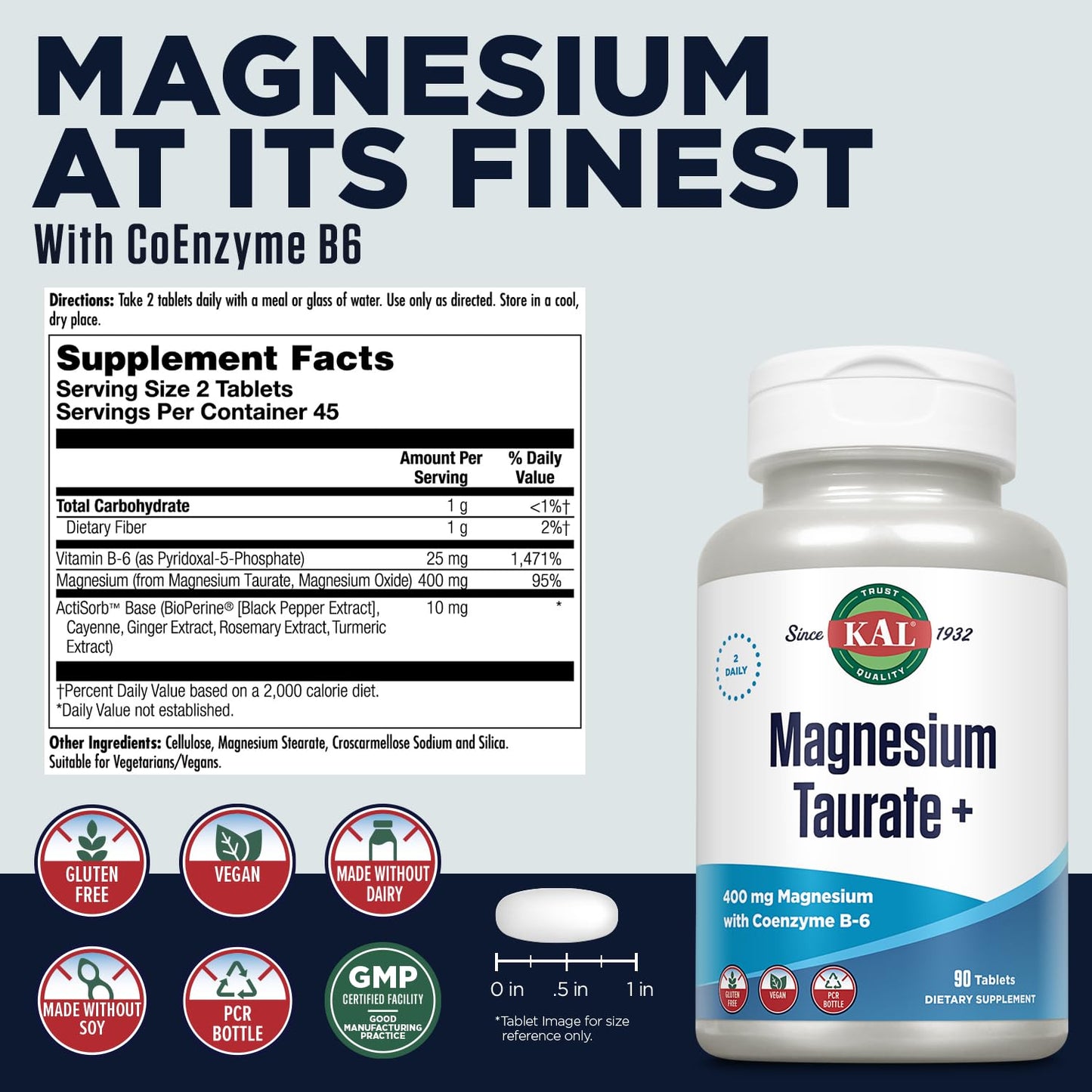 KAL Magnesium Taurate 400mg Plus CoEnzyme Vitamin B6, Chelated Magnesium Supplement, Healthy Muscle Function, Nerve and Heart Health Support, Gluten Free, Vegan, 60-Day Guarantee, 45 Serv, 90 Tablets