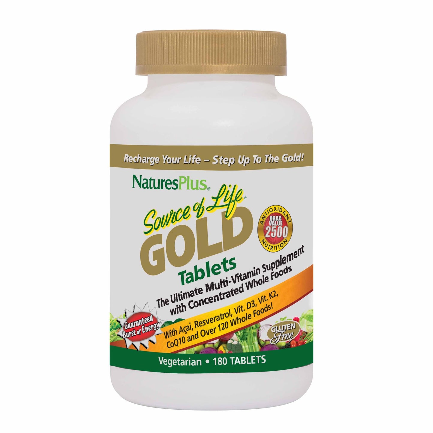NaturesPlus Source of Life Gold Multivitamin - 180 Tablets - Blood Support, Bone Support, Healthy Immune System - Includes Vitamins D3, B12, K2 & Over 120 Whole Food Nutrients - 60 Servings