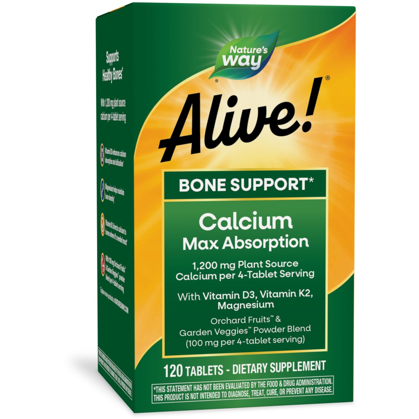 Nature's Way Alive! Calcium Max Absorption, Bone Support*, Plant Source Calcium, Vitamin D3 & K2, Magnesium, 120 Tablets (Packaging May Vary)