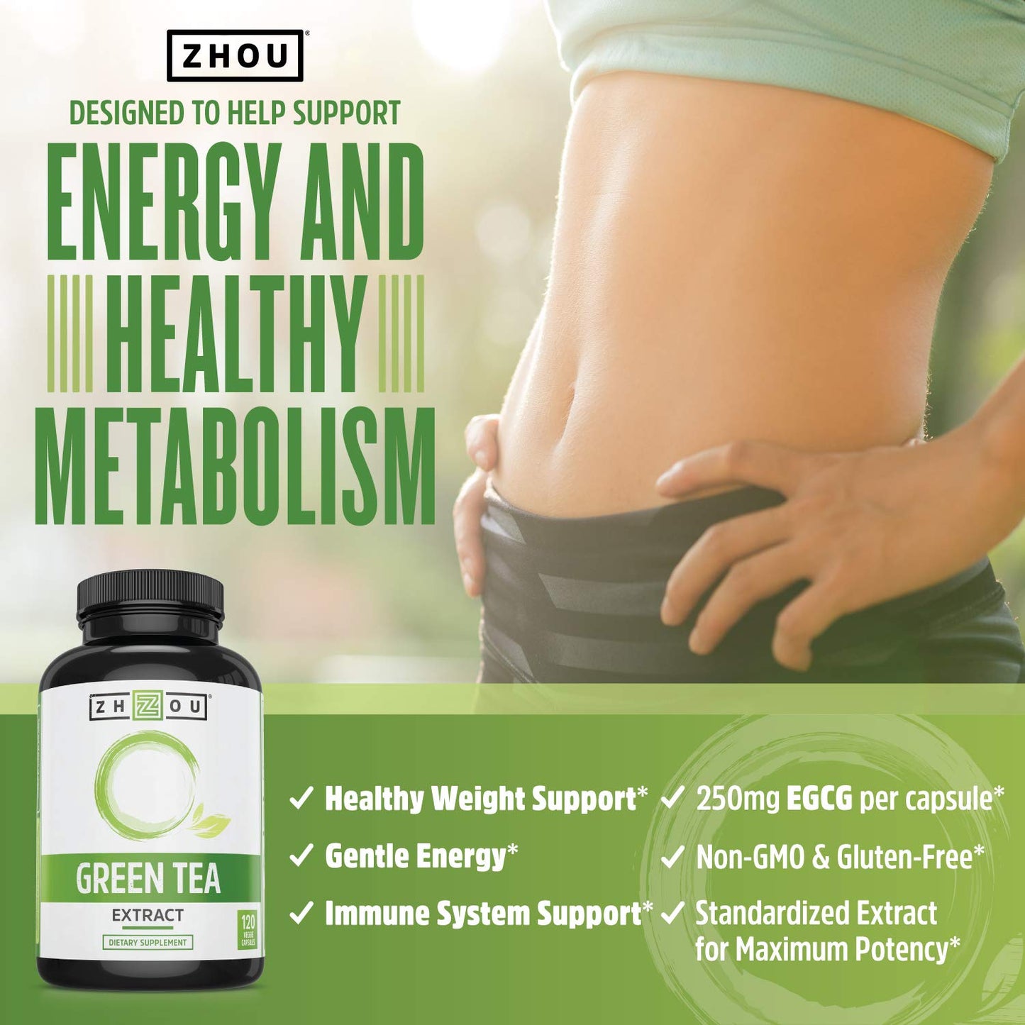 Zhou Nutrition Green Tea Extract Supplement - Green Tea & ECGC for Women & Men, Clean Caffeine Energy, Antioxidant Support, 500mg Per Serving - 120 Vegan Friendly Capsules