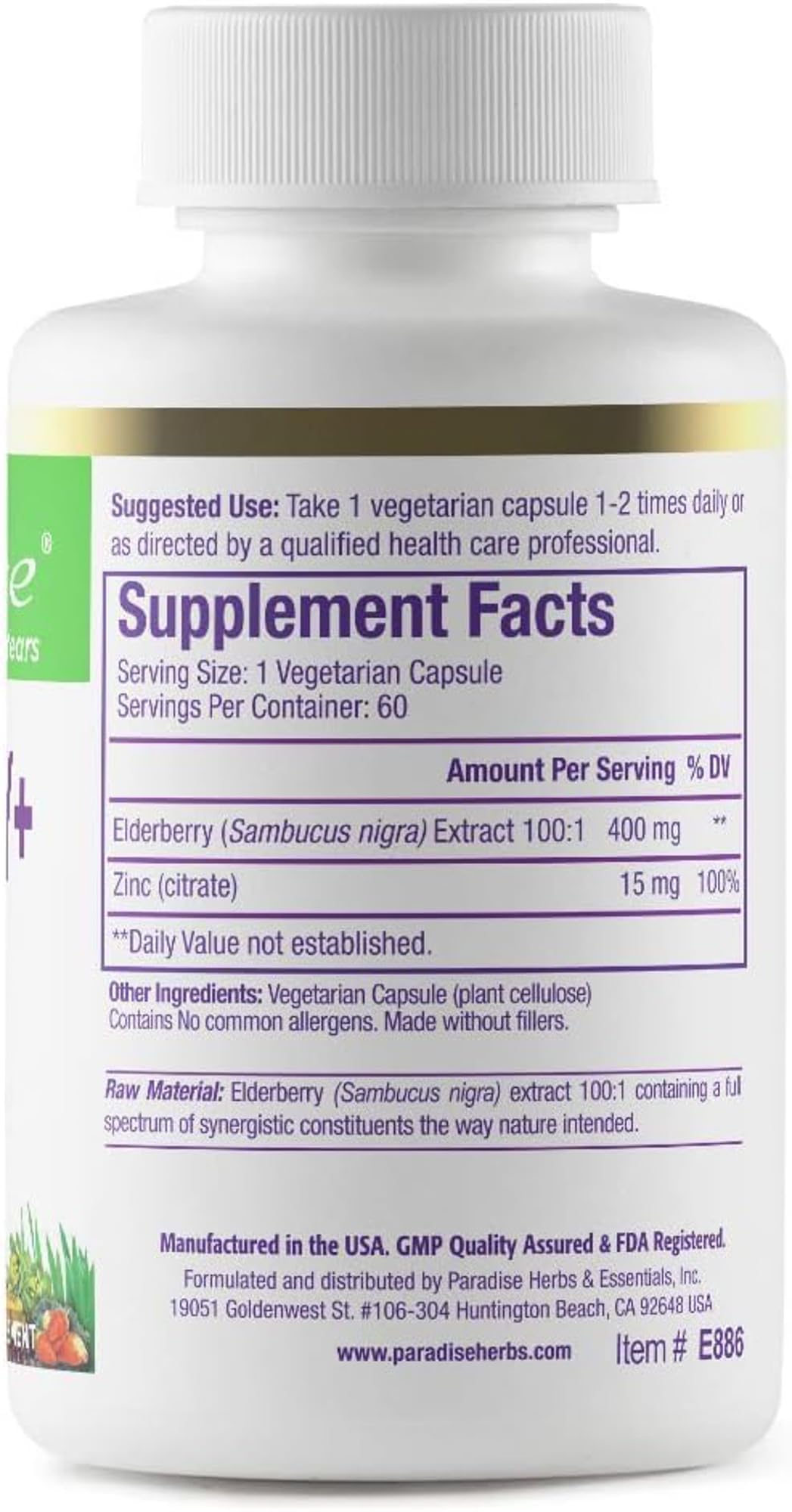 Pre-Order | Arrives in 5–10 Days – Paradise Herbs Elderberry with Zinc Extract, Supports Body's Natural Defenses, Super Potent, Ultra Pure, Vegan, Non GMO, Gluten Free, 60 Vegetarian Capsules
