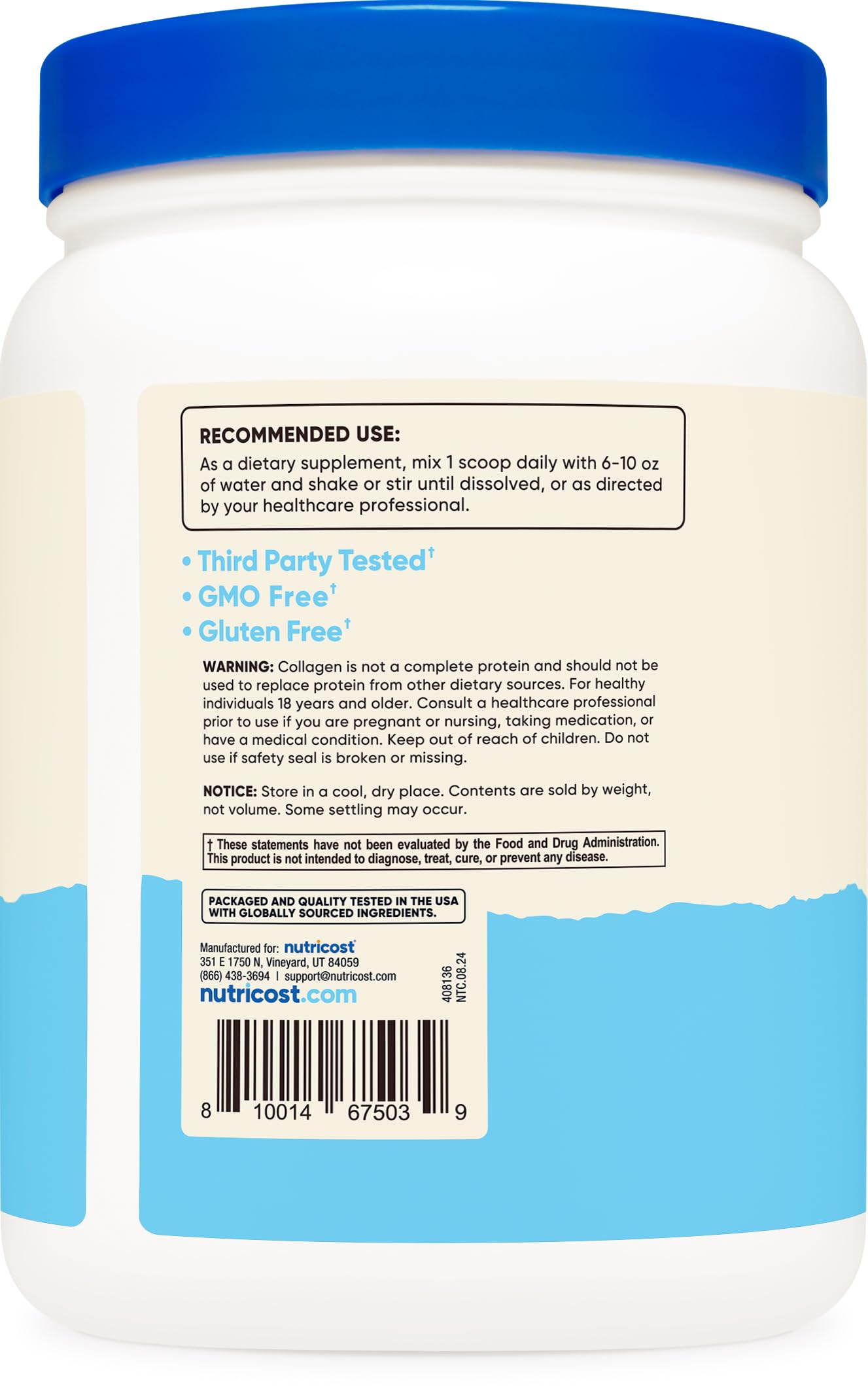 Pre-Order | Arrives in 5–10 Days – Nutricost Pure Collagen Hydrolysate (Bovine) Powder (2 Pack) - Grass Fed Bovine Collagen, 1LB Per Bottle