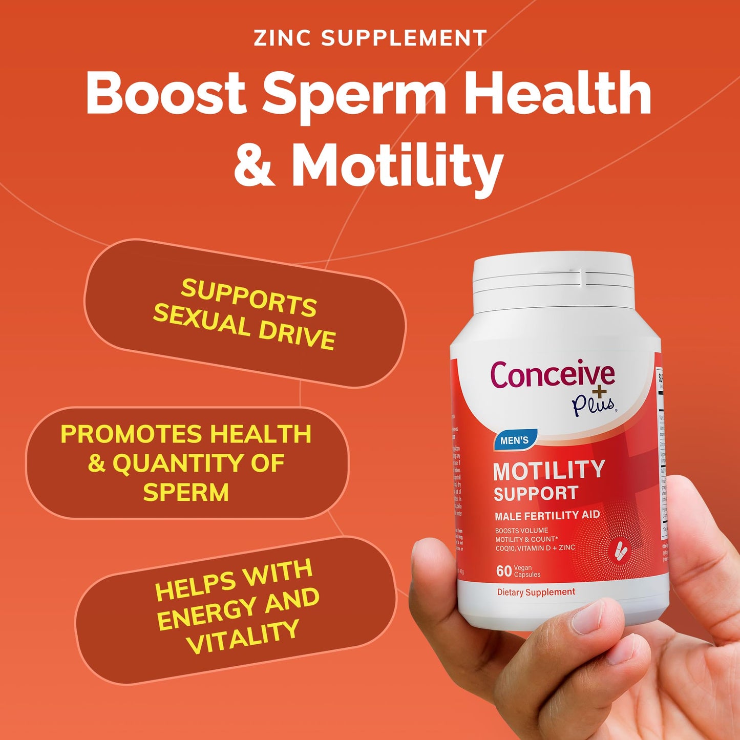Pre-Order | Arrives in 5–10 Days – CONCEIVE PLUS Motility Support for Men - Boost Sperm Count & Volume with Vitamin D, Vitamin E, Zinc, Spermidine, Antioxidants - Sperm Motility - Multivitamin Supplement for Men, 60 Caps