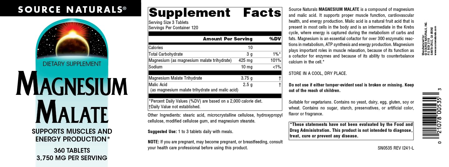Pre-Order | Arrives in 5–10 Days – Source Naturals Magnesium Malate 3750 mg per Serving - for Energy Production* - 360 Tablets