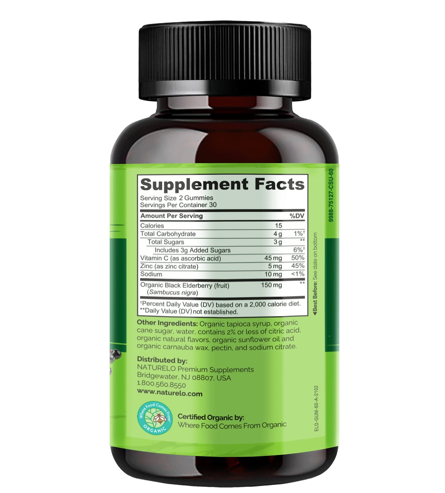 NATURELO Elderberry Gummies – Immune Support with Sambucus Elderberry + Vitamin C + Zinc – Certified Organic, 60ct