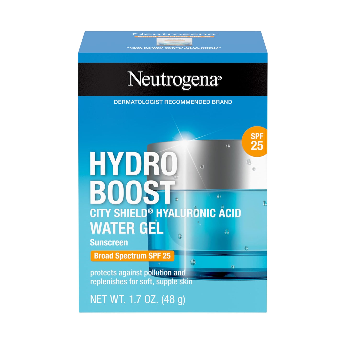 Neutrogena Hydro Boost City Shield Water Gel Face Moisturizer with Broad Spectrum SPF 25, Hydrating Facial Sunscreen with Hyaluronic Acid, Oil-Free and Non-Comedogenic Face Lotion, 1.7 oz