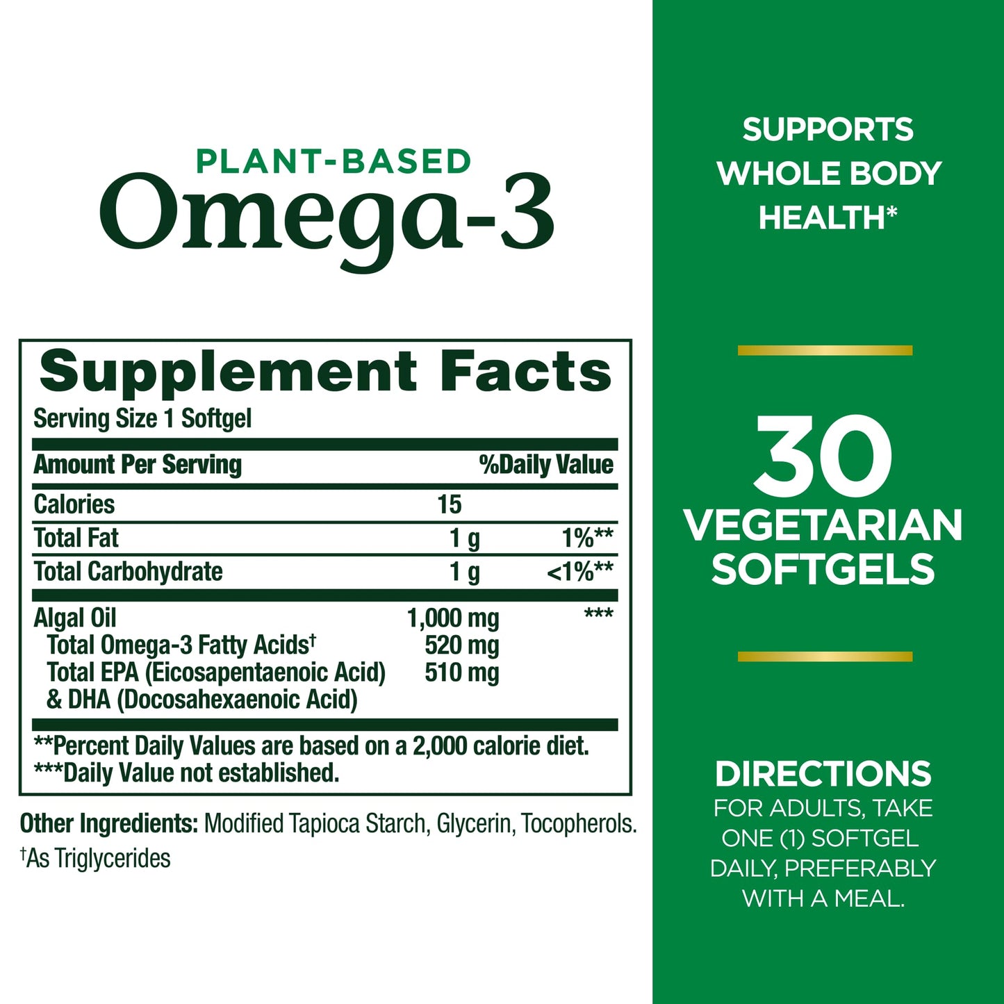 Nature's Bounty Omega 3, Plant-Based Omega 3 Fatty Acid Suppement, 520mg, Supports Whole Body Health Including Heart, Skin, Joint, 30 Vegetarian Softgels, Fish Oil Alternative, Omega 3 Supplements