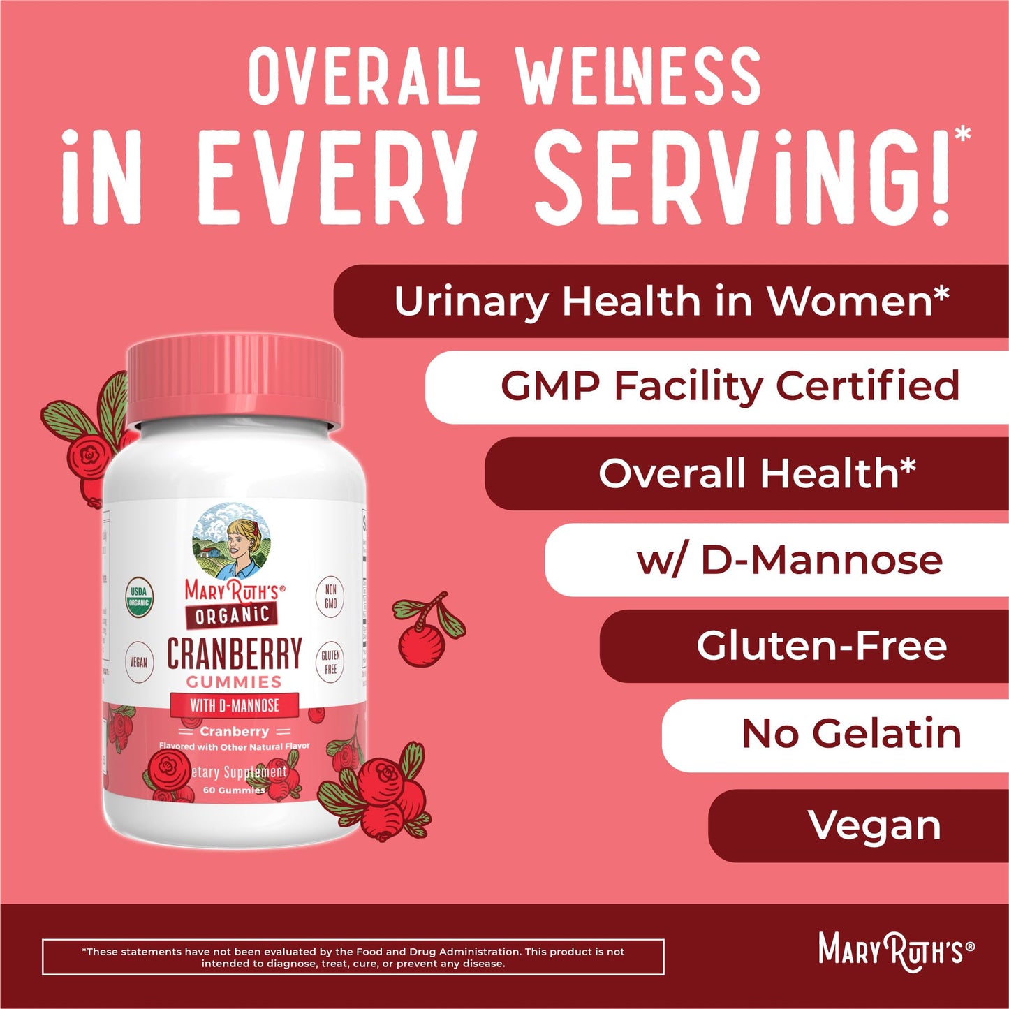 Organic Cranberry Gummies by MaryRuth's | 500mg Cranberry Supplement | Urinary Tract Health for Women | with D Mannose | Traditional Use | USDA Organic | Vegan | Non GMO | 30 Servings