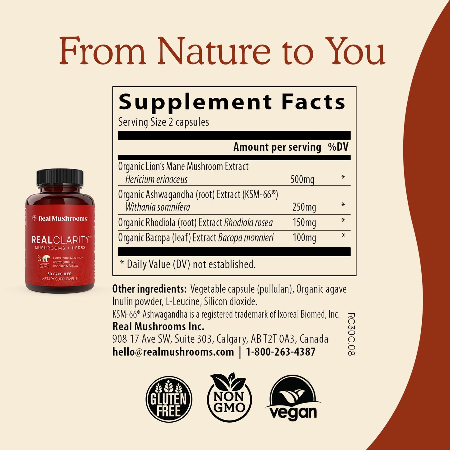 Real Mushrooms RealClarity Capsules – Lion’s Mane, KSM-66 Ashwagandha, Cordyceps & Reishi – Mental Sharpness, Alertness. & Adaptogenic Support – Vegan, Non-GMO – 60 Count Mushroom Supplement