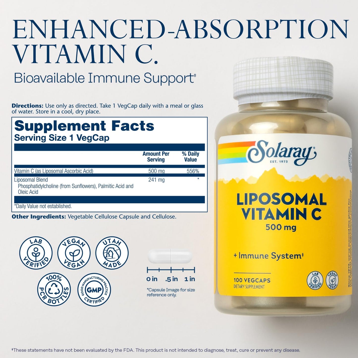 Pre-Order | Arrives in 5–10 Days – SOLARAY Liposomal Vitamin C 500mg - Enhanced Absorption Vitamin C Liposomal Blend with Fatty Acids - Antioxidant and Immune Support Supplement - Vegan, 60-Day Guarantee, 100 Servings, 100 VegCaps