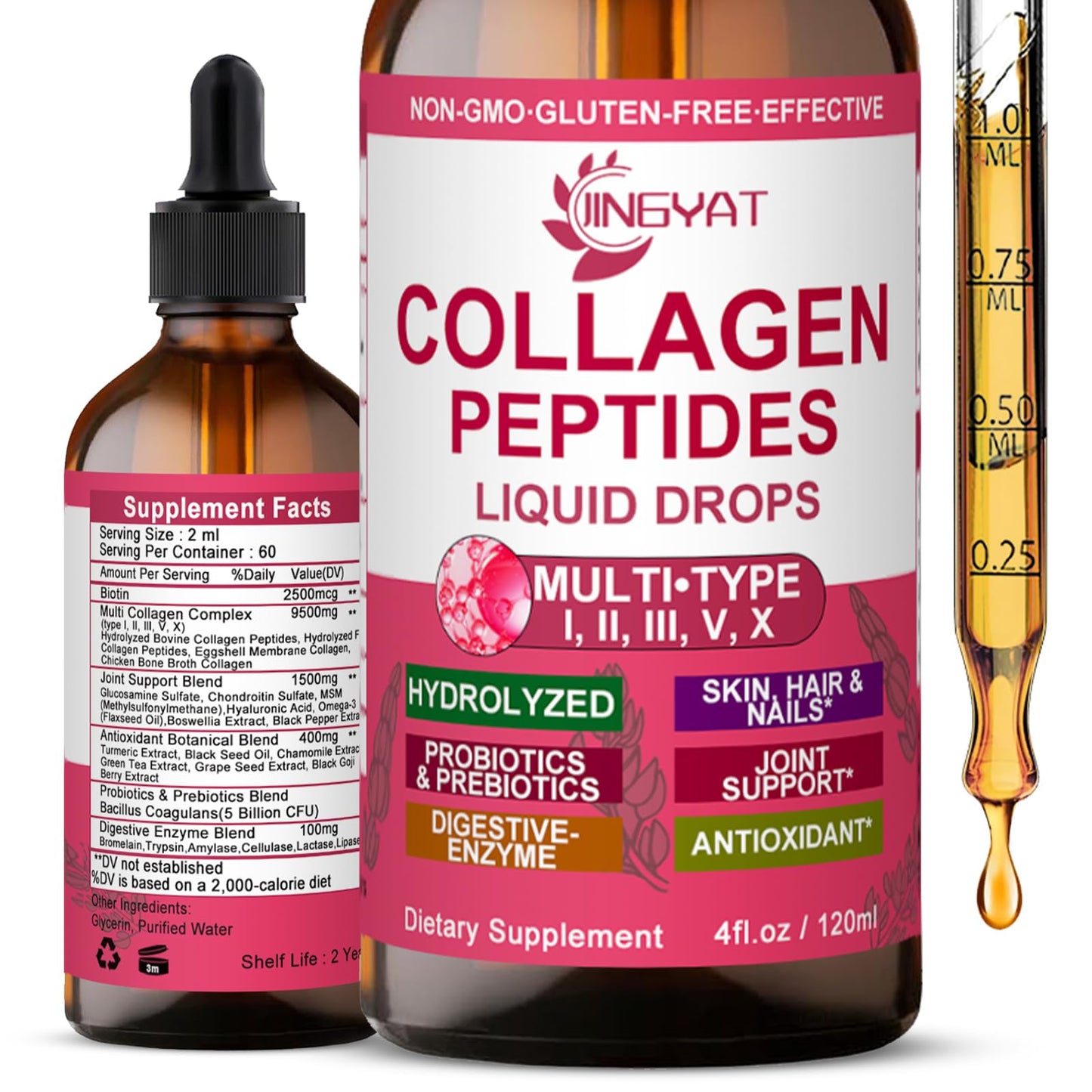 Collagen Peptides Liquid Drops, Multi Collagen Peptides for Women w/ Glucosamine Chondroitin MSM Biotin, Hydrolyzed Collagen Peptides Supports Skin Hair Nail Joints Bones Gut Health, 60 Servings