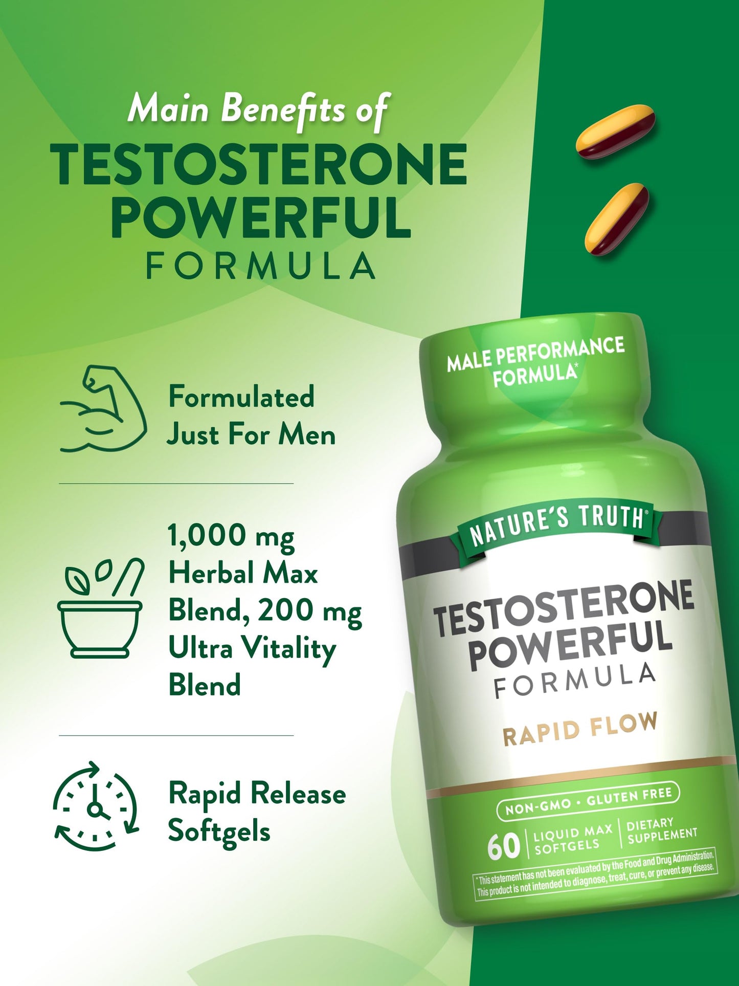 Nature's Truth Testosterone Supplement for Men | with Ashwagandha, Tongkat Ali, and Tribulus Terrestris | 60 Softgels | Non-GMO & Gluten Free Formula