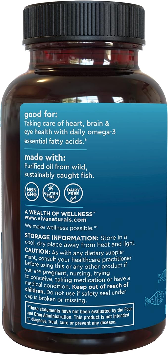Viva Naturals Triple Strength Omega 3 Fish Oil Supplement - 2200 mg Wild Caught and Sustainably Sourced Fish Oil Vitamins with Omega 3 Fatty Acids Including EPA DHA, No Fish Burps, 180 Softgels