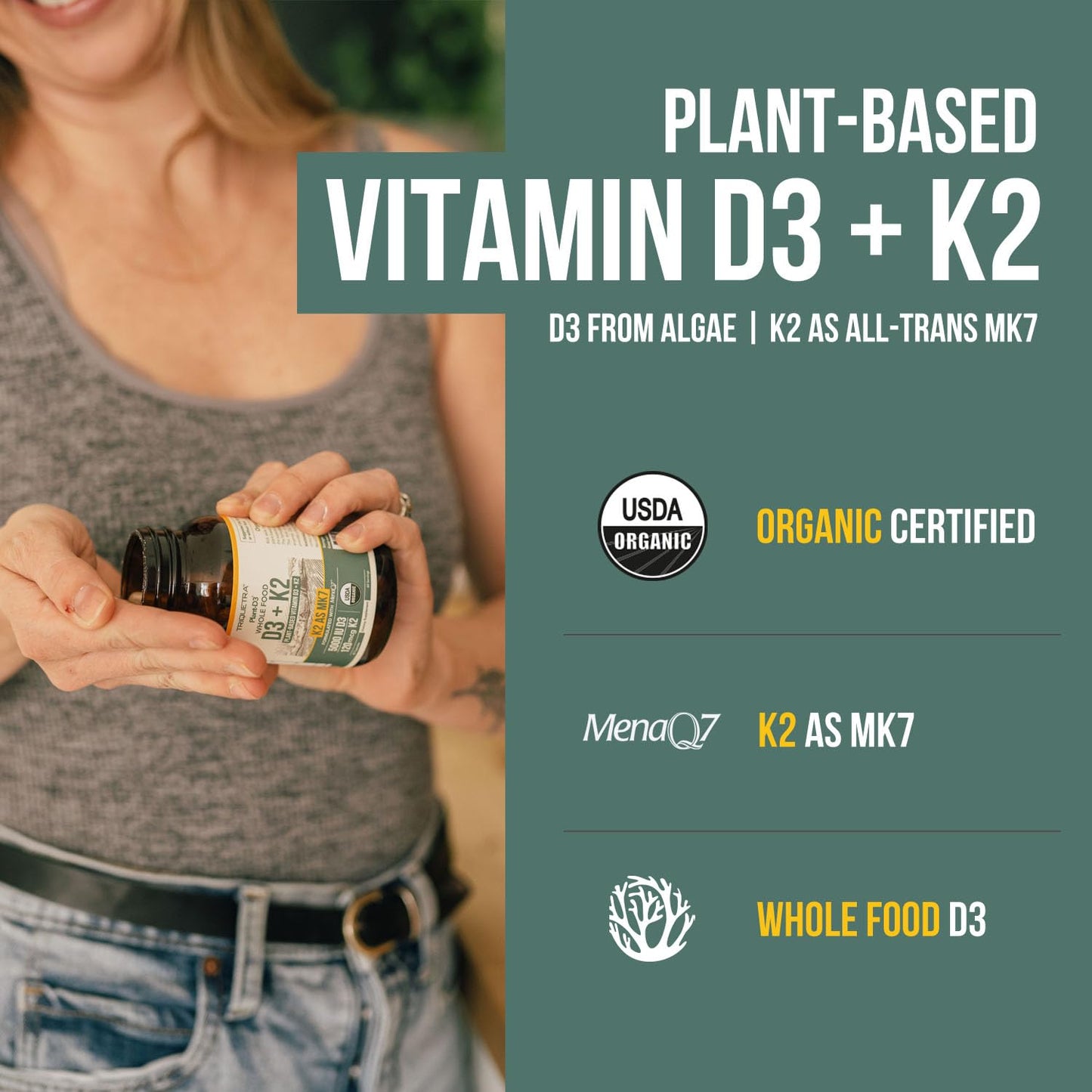 Pre-Order | Arrives in 5–10 Days – Organic Plant D3 + K2 | 5000 iu D3 + 120 mcg K2 as All-Trans MK7 from MenaQ7® - 100% Whole Food, Raw & Vegan | Enhanced Digestion with Prebiotic & Superfood Complex – D3 from Organic Algae (60 Count)