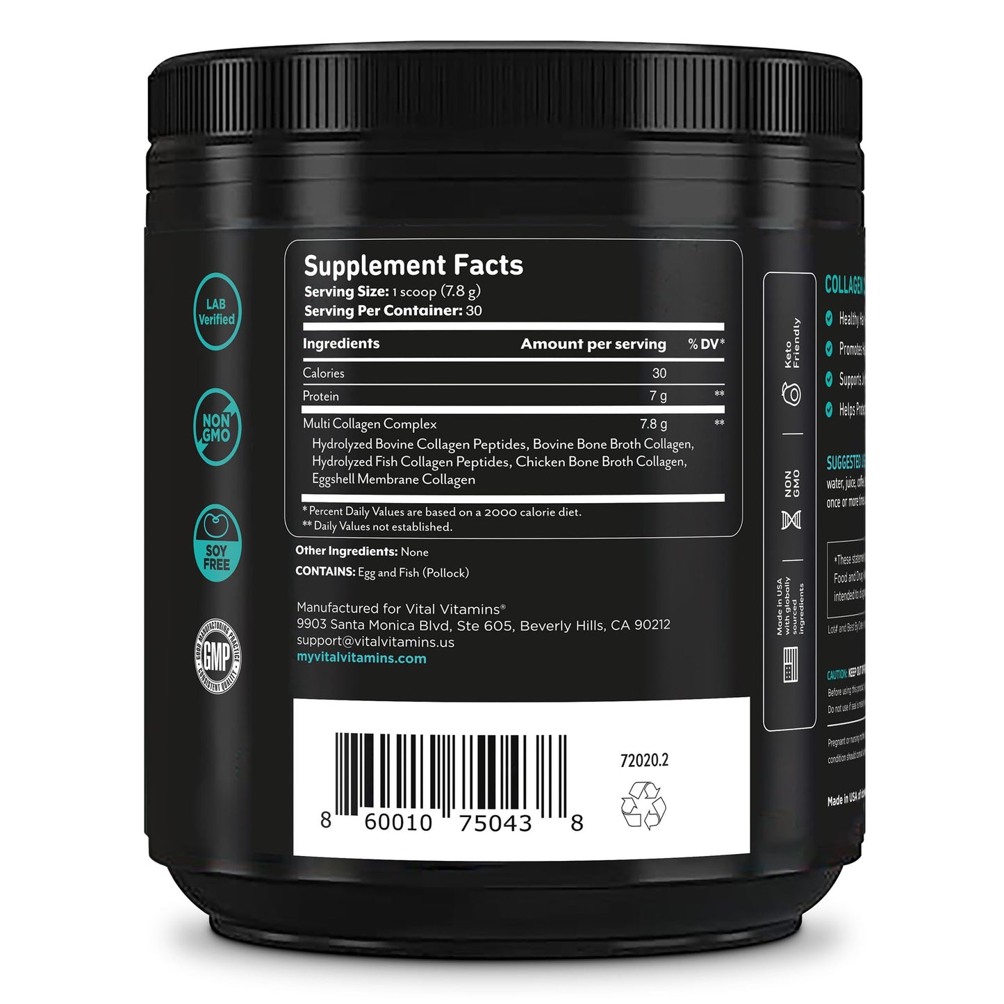 Vital Vitamins Multi Collagen Peptides Powder - Unflavored, Easy to Dissolve - Type I, II, III, V, X - for Women & Men - Promotes Hair, Skin, Nails, & Joint Health - 30 Servings