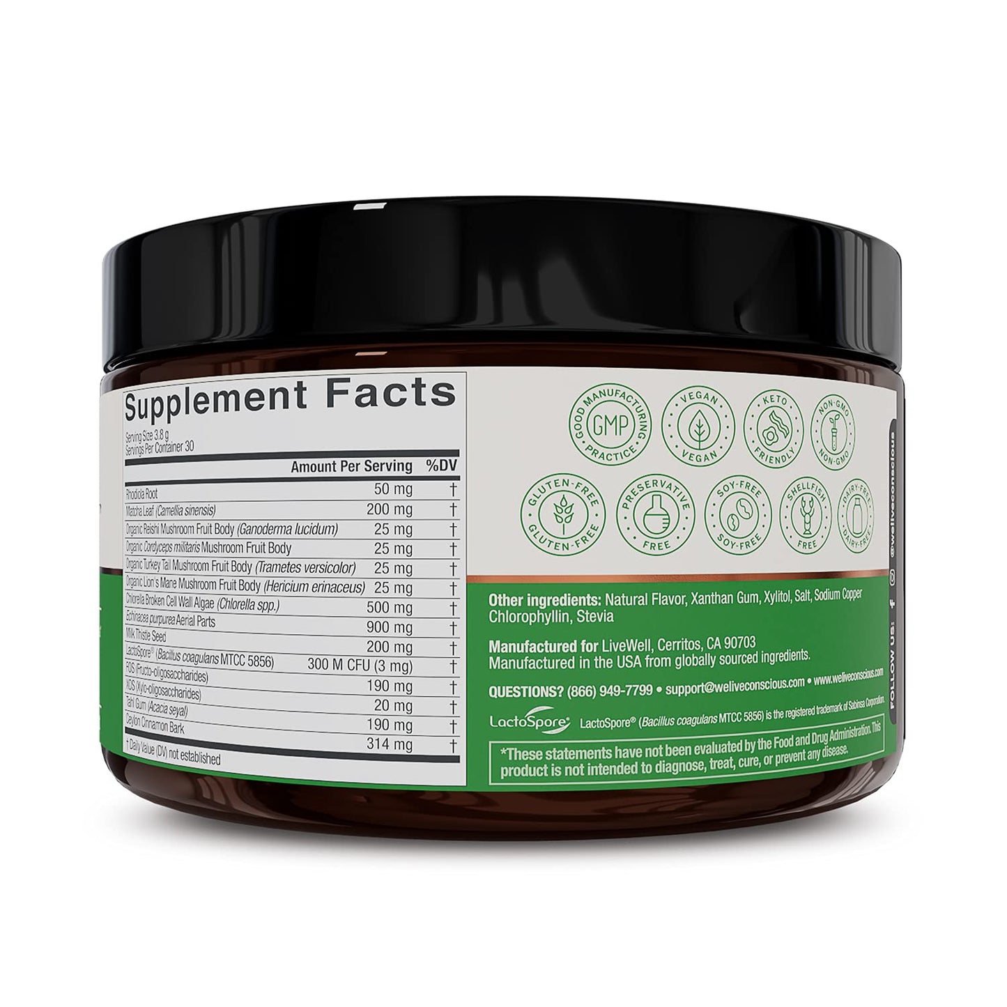 Live Conscious Beyond Greens Superfood Powder - Delicious Debloating Super Greens Powder - Matcha Greens Blend w/Chlorella, Echinacea, Probiotics for Immune Support & Energy