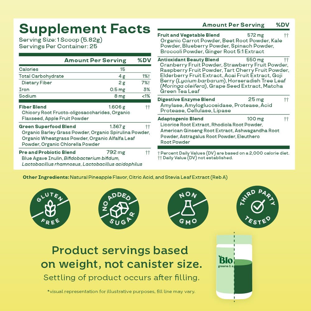 Pre-Order | Arrives in 5–10 Days –
Bloom Nutrition Superfood Greens Powder, Digestive Enzymes with Probiotics and Prebiotics, Gut Health, Bloating Relief for Women, Chlorella, Green Juice Mix with Beet Root Powder, 25 SVG, Pineapple
