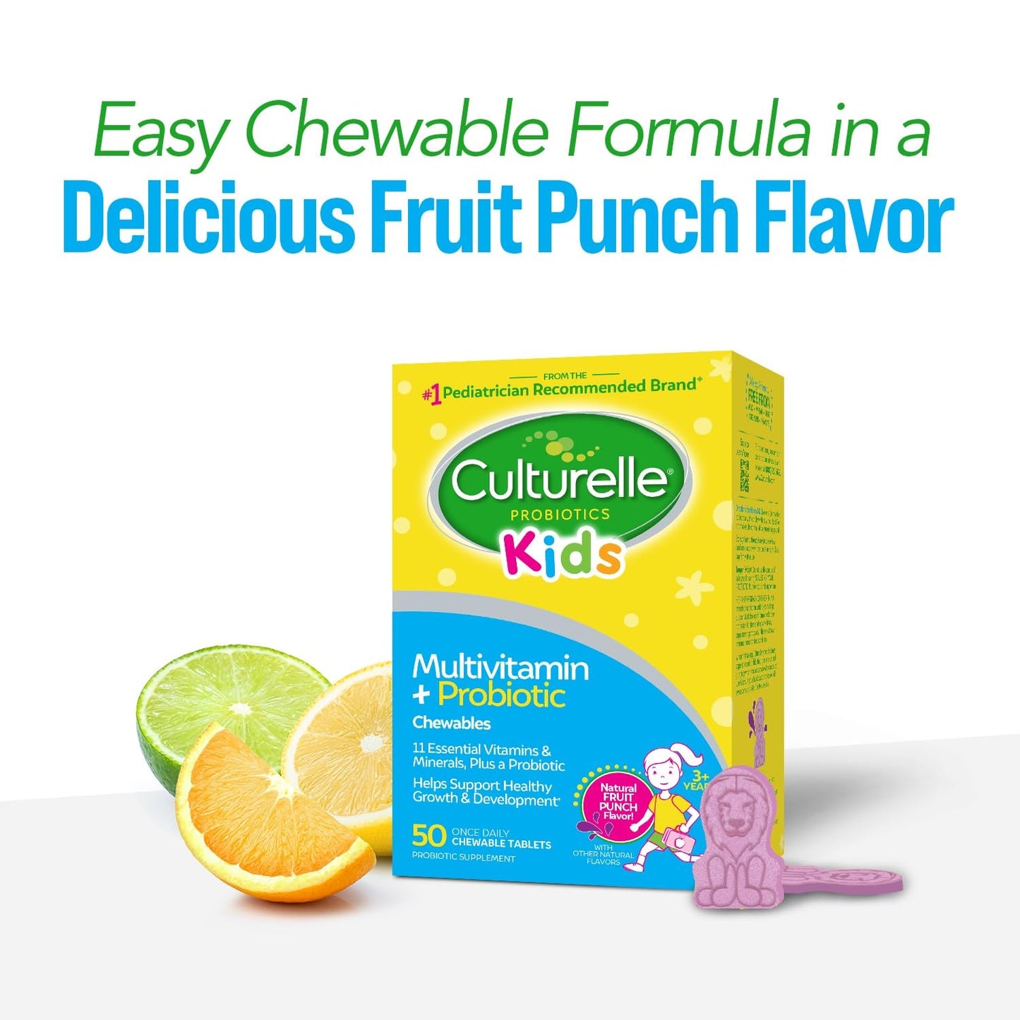 Pre-Order | Arrives in 5–10 Days – Culturelle Kids Complete Chewable Multivitamin + Probiotic For Kids, Ages 3+, 50 Count, Digestive Health, Oral Health & Immune Support - With 11 Vitamins & Minerals, including Vitamin C, D3 & Zinc