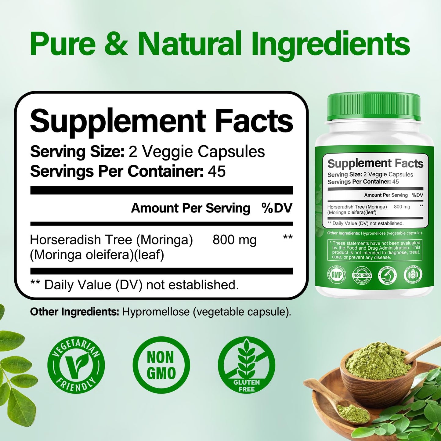 Moringa Capsules 2 Bottles | 800mg Pure Moringa Powder Capsules – Supports Energy, Immune Support, Gut Health, Green Superfood Contains Vitamins & Amino Acids