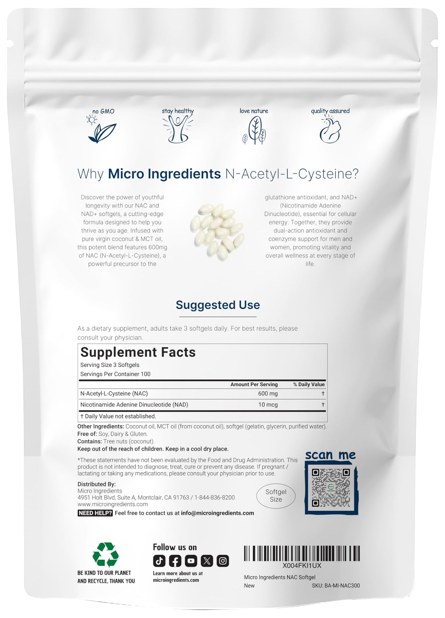 NAC 600mg with NAD+, 300 Coconut MCT Oil Softgels | N Acetyl L Cysteine & Nicotinamide Forms for Better Absorption | Antioxidant Supplement | Promotes Energy & Youthful Aging | Non-GMO