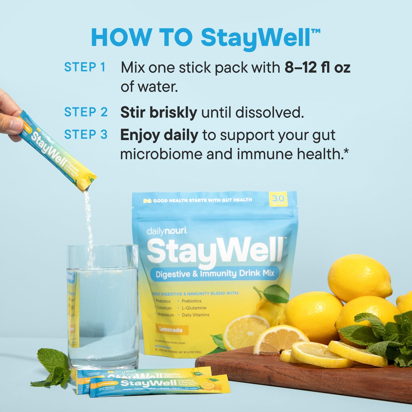 Pre-Order | Arrives in 5–10 Days – Daily Nouri StayWell Digestive & Immunity Drink Mix | Probiotics, Prebiotics, Colostrum, L-Glutamine, Magnesium, Manganese, Zinc, Vitamins for Gut Health, Digestion & Immune Support | 30 Stick Packs