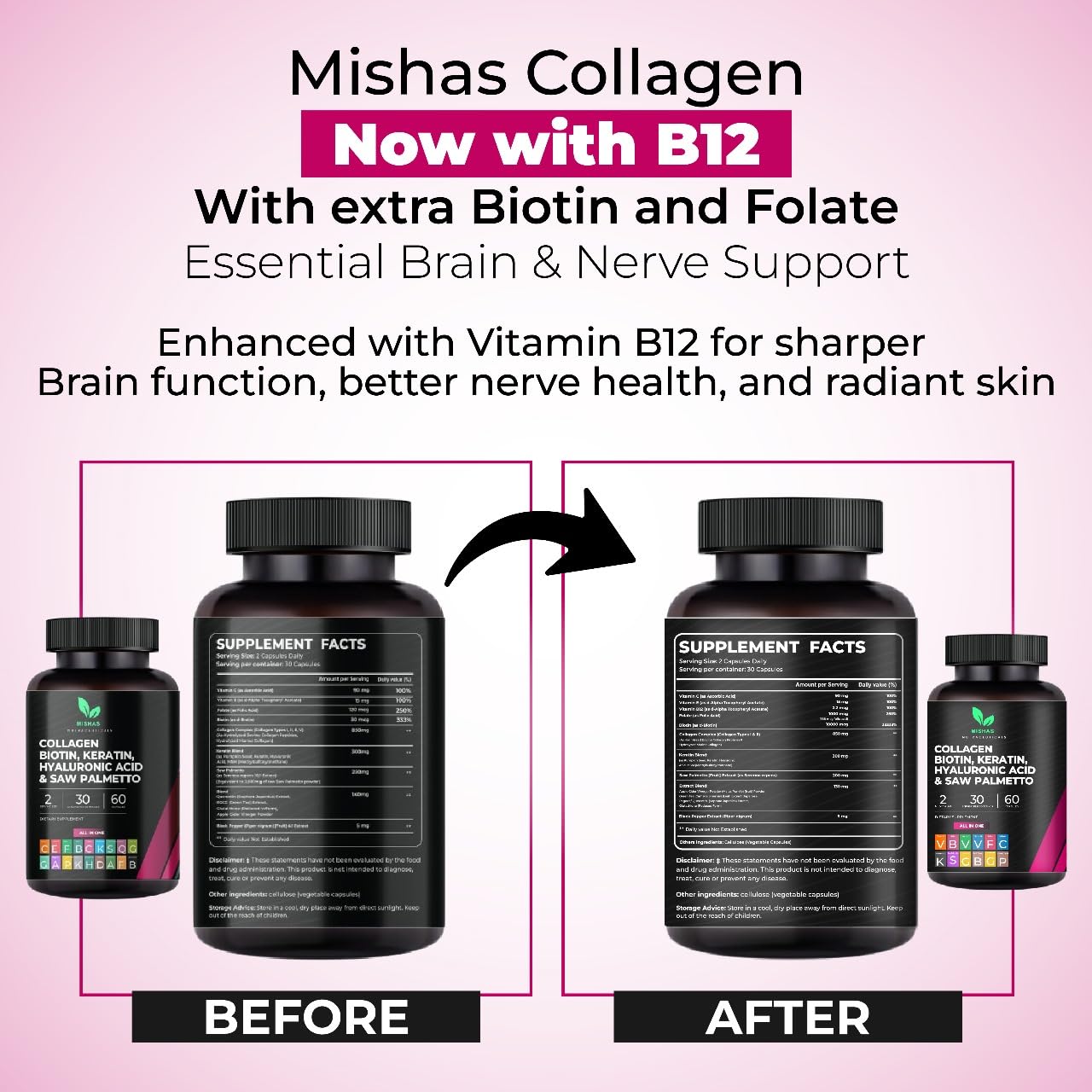 Mishas Nutraceuticals Multi Collagen Pills, Biotin, Keratin & Hyaluronic Acid, Hair Growth, Skin, Nails & DHT Blocking, Saw Palmetto, Vitamin E, Folic Acid, Pumpkin Seed, MSM - 60 Vegan Capsules