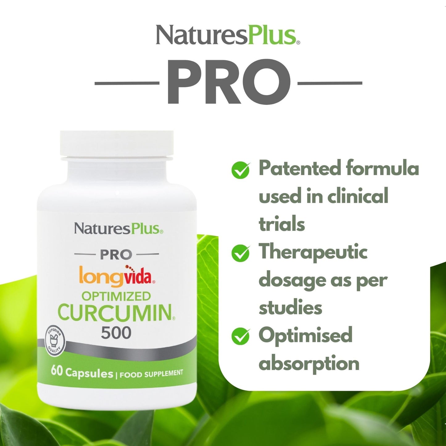 Natures Plus PRO Longvida Curcumin 500 mg - 60 Capsules - Promotes Healthy Free Radical Protection - Non-GMO, Vegan & Gluten Free - 60 Servings