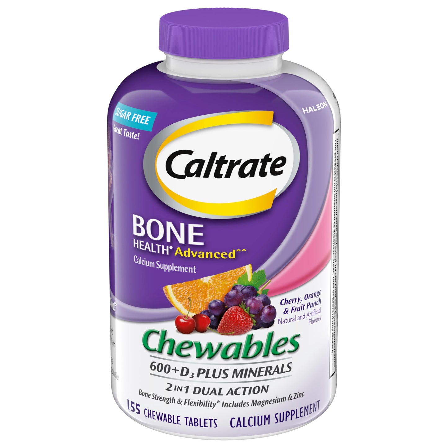 Caltrate Chewables 600 +D3 Plus Minerals Calcium and Vitamin D, Sugar Free, Cherry, Orange and Fruit Punch, 155 count