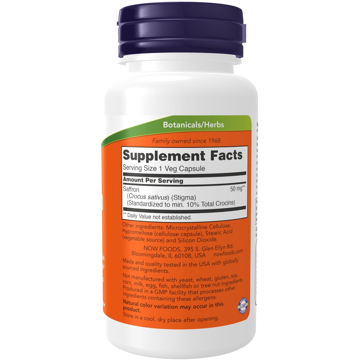 NOW Foods Supplements, Saffron Whole Herb 50 mg with 10% Crocins, 60 Veg Capsules with Microcrystalline cellulose, hypromellose (cellulose capsule), stearic acid (vegetable source) and silicon dioxide