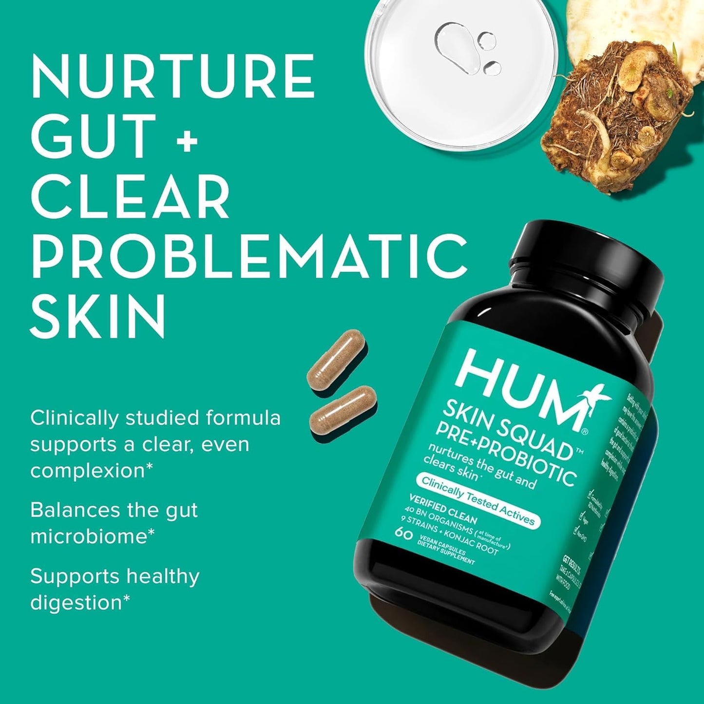 HUM Skin Squad - Probiotic Supplement for Clear Skin & Gut Health - Microbiome Probiotics for Breakouts (60-Count)