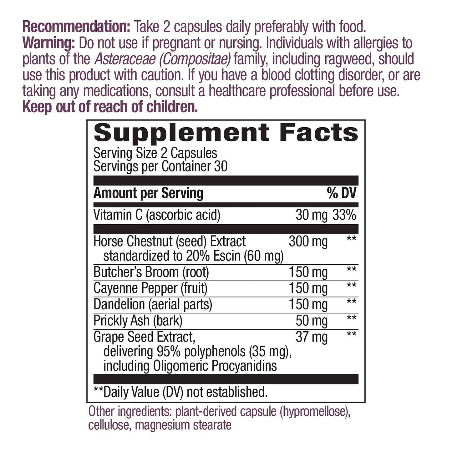 Nature's Way Leg Veins Premium Blend of Horse Chestnut, Butcher's Broom, Cayenne Pepper, Dandelion, Prickly Ash and Grape Seed Plus Vitamin C Dietary Supplement (60 Vegan Capsules)