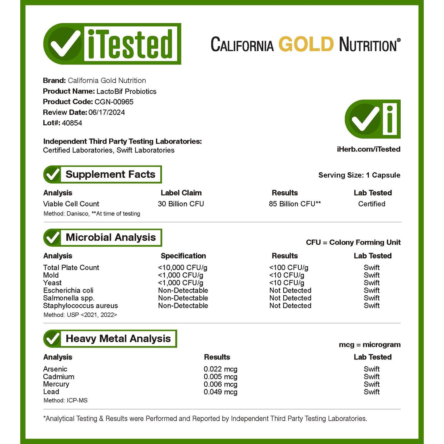 California Gold Nutrition LactoBif® 30 Probiotics, 30 Billion CFU, 60 Veggie Capsules