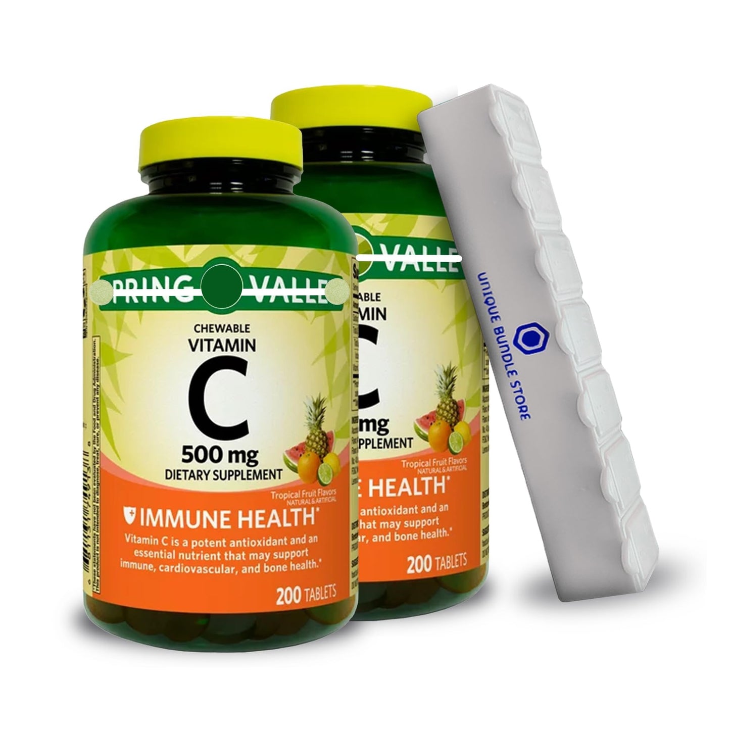Spring Valley, Vitamin C 500mg, Tropical Fruit Flavor 200 Count Tablets, Chewable Vitamin C, Dietary Supplement + 7 Day Pill Organizer Included (Pack of 2)