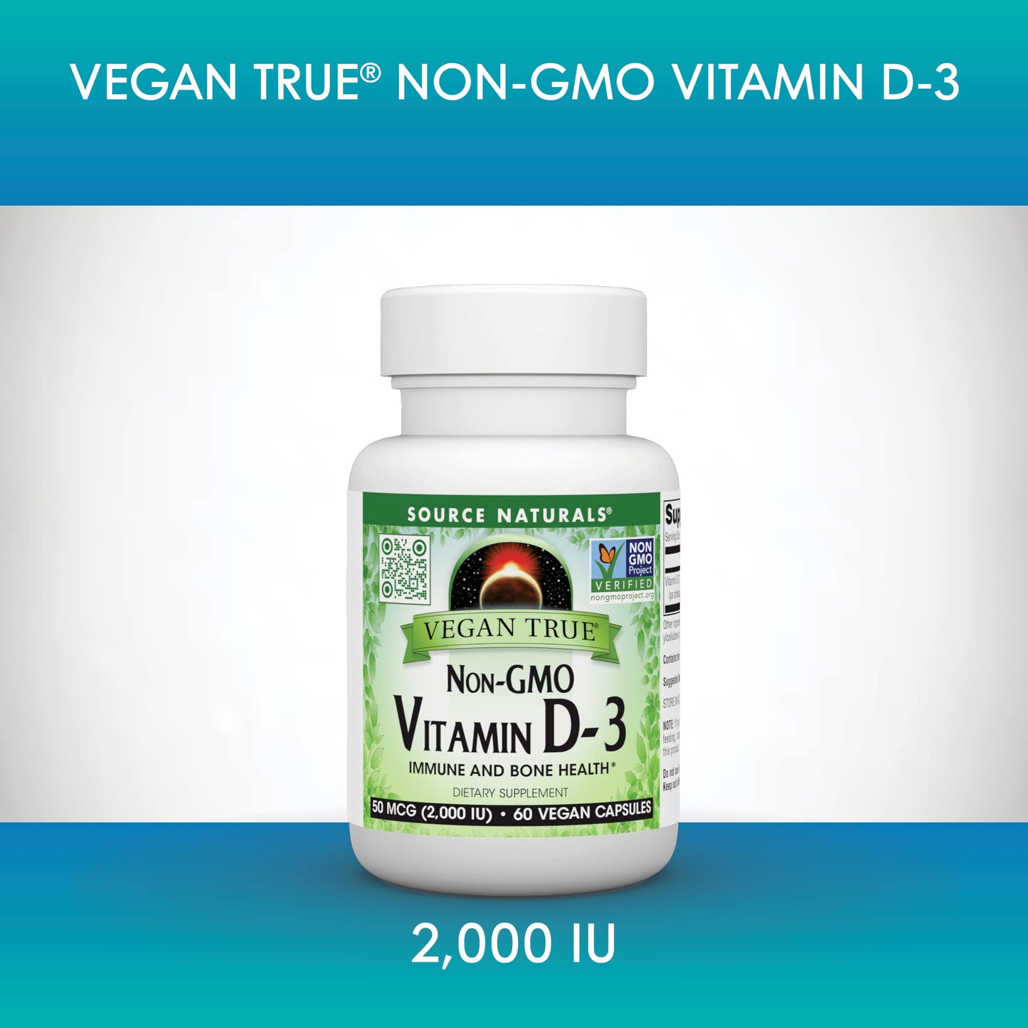 Pre-Order | Arrives in 5–10 Days – Source Naturals Vegan True, Non-GMO Vitamin D-3, Dietary Supplement for Immune and Bone Health*, 2,000 IU - 60 Capsules