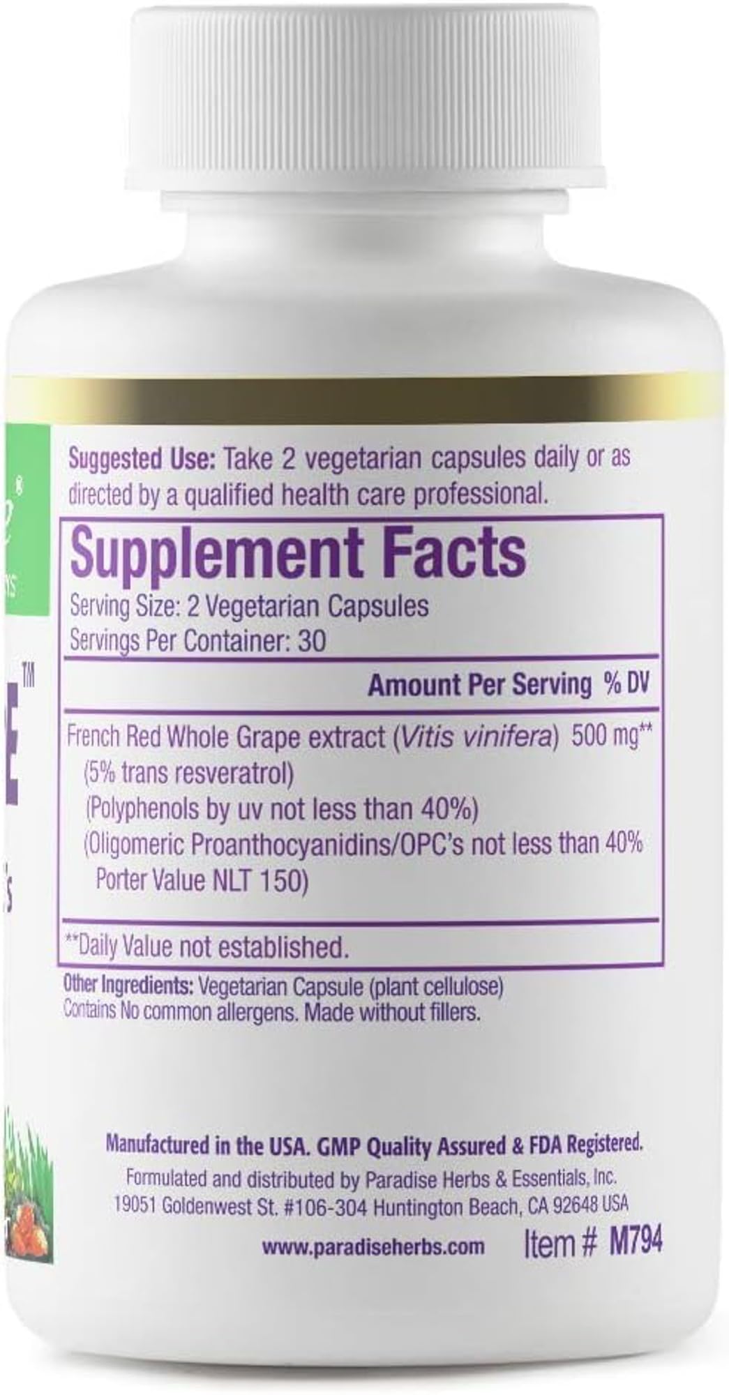 Paradise Herbs Resveragrape, Resveratrol + Polyphenols + Opc's, Super Potent, Ultra Pure, Non-GMO, Gluten Free, 60 Vegetarian Capsules