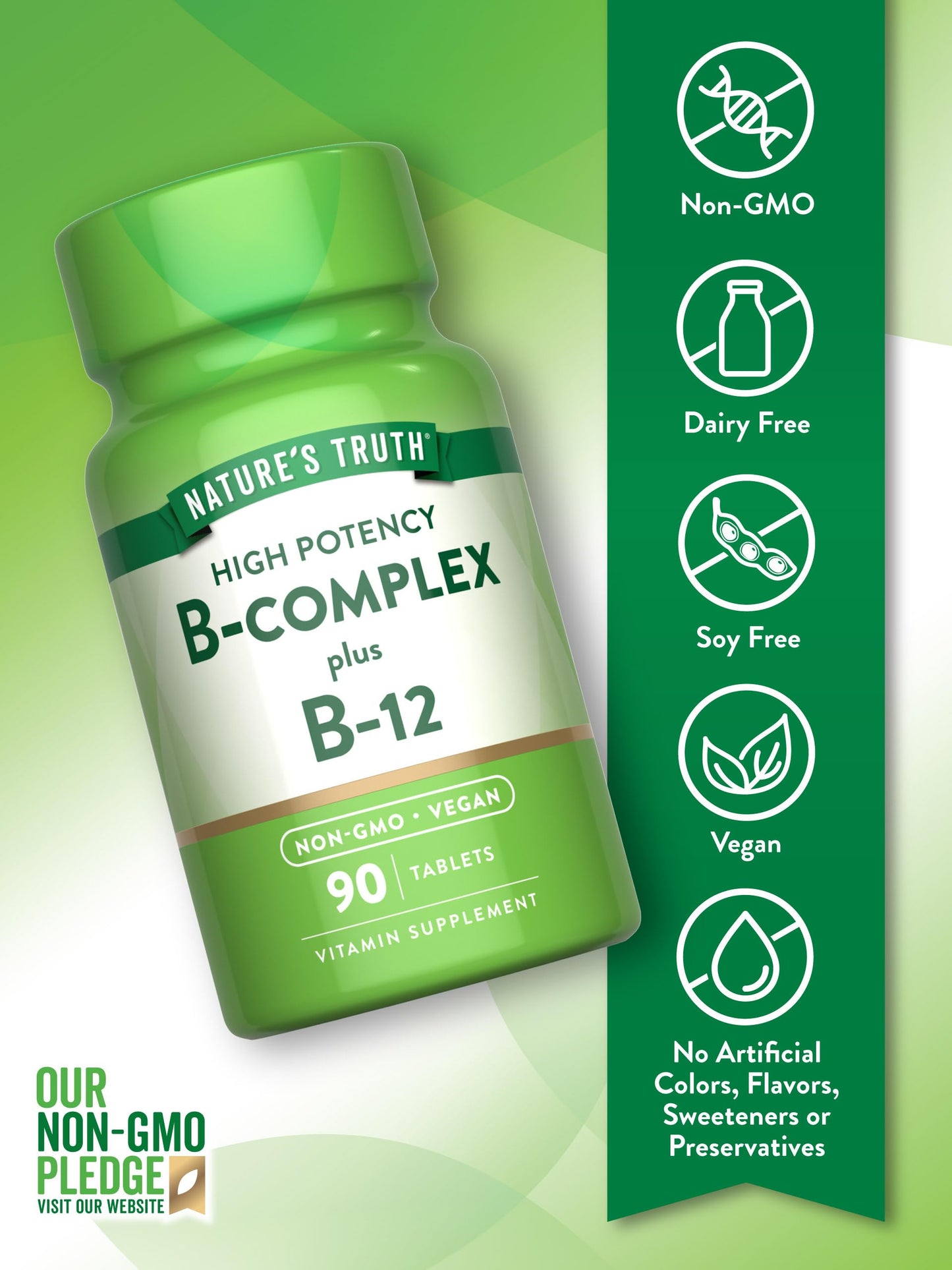 Nature's Truth Vitamin B Complex for Women & Men | Plus B12 | 90 Tablets | High Potency | Vegan and Non-GMO Supplement