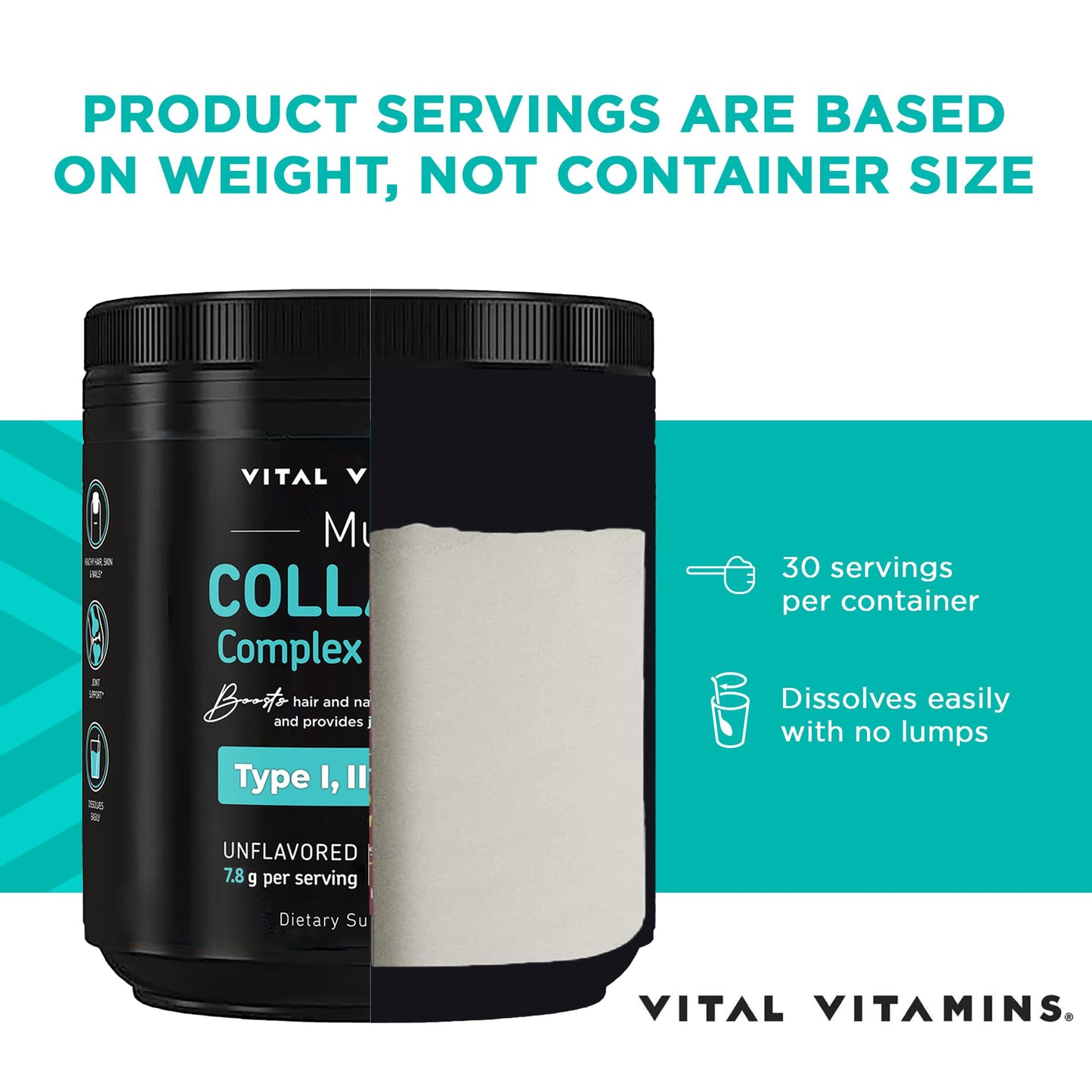 Vital Vitamins Multi Collagen Peptides Powder - Unflavored, Easy to Dissolve - Type I, II, III, V, X - for Women & Men - Promotes Hair, Skin, Nails, & Joint Health - 30 Servings