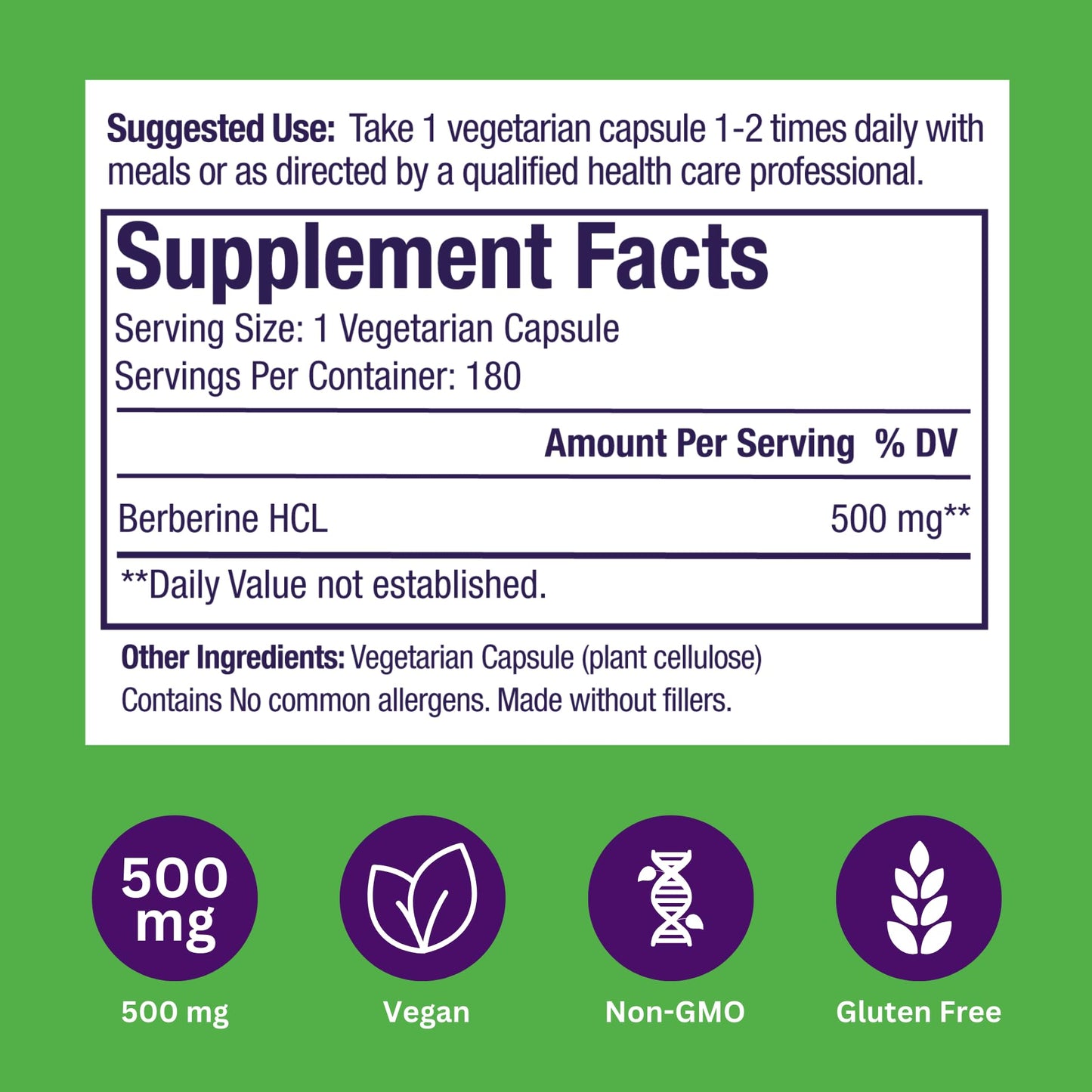 Paradise Herbs, Berberine Extract, 500 mg, Pure & Potent Berberine Supplement, Vegan, Non GMO, Gluten Free, 180