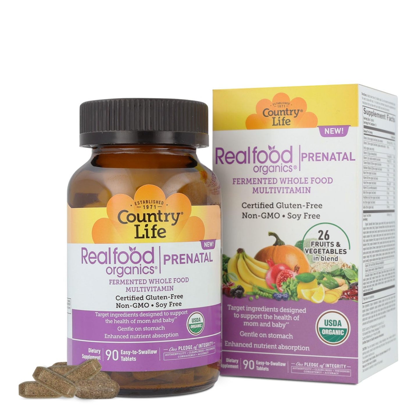 Realfood Organics Prenatal Multi - Before, During, & Post Pregnancy - Folate, D3 & Iron to Support Healthy Fetal Growth and Development*, Gentle on Stomach, Gluten-Free, Soy Free, 90 Tablets