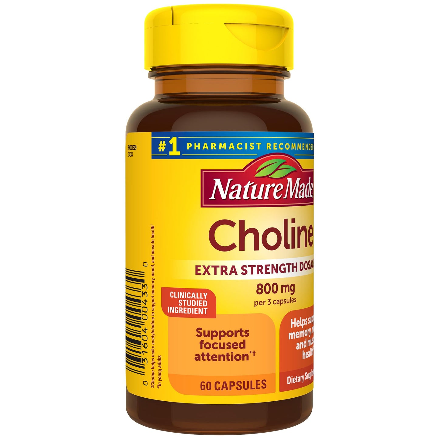 Nature Made Extra Strength Dosage Choline Supplements 800 Mg Per 3 Capsules, Brain Health, Mood, Muscle & Liver Support, Vegetarian, 60 Capsules, 20 Day Supply